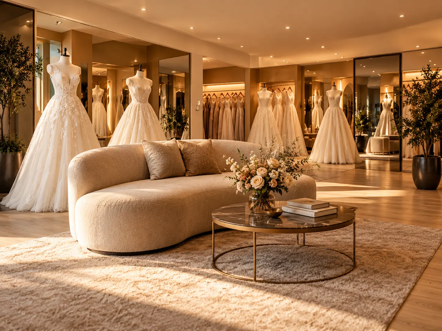 Imagem ilustrativa: lounge com sofá creme, flores e vestidos de noiva em manequins