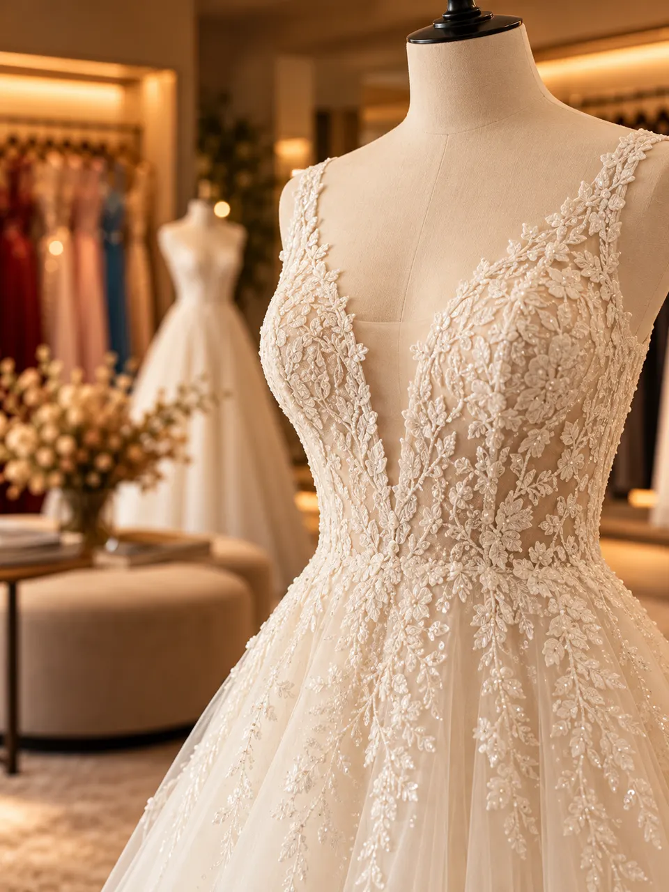 Imagem ilustrativa: corpete de vestido de noiva com decote em V e bordado de renda floral